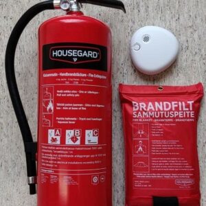 Paloturvapaketti Housegard Safety Box: jauhesammutin 6kg 55A, sammutuspeite ja palovaroitin